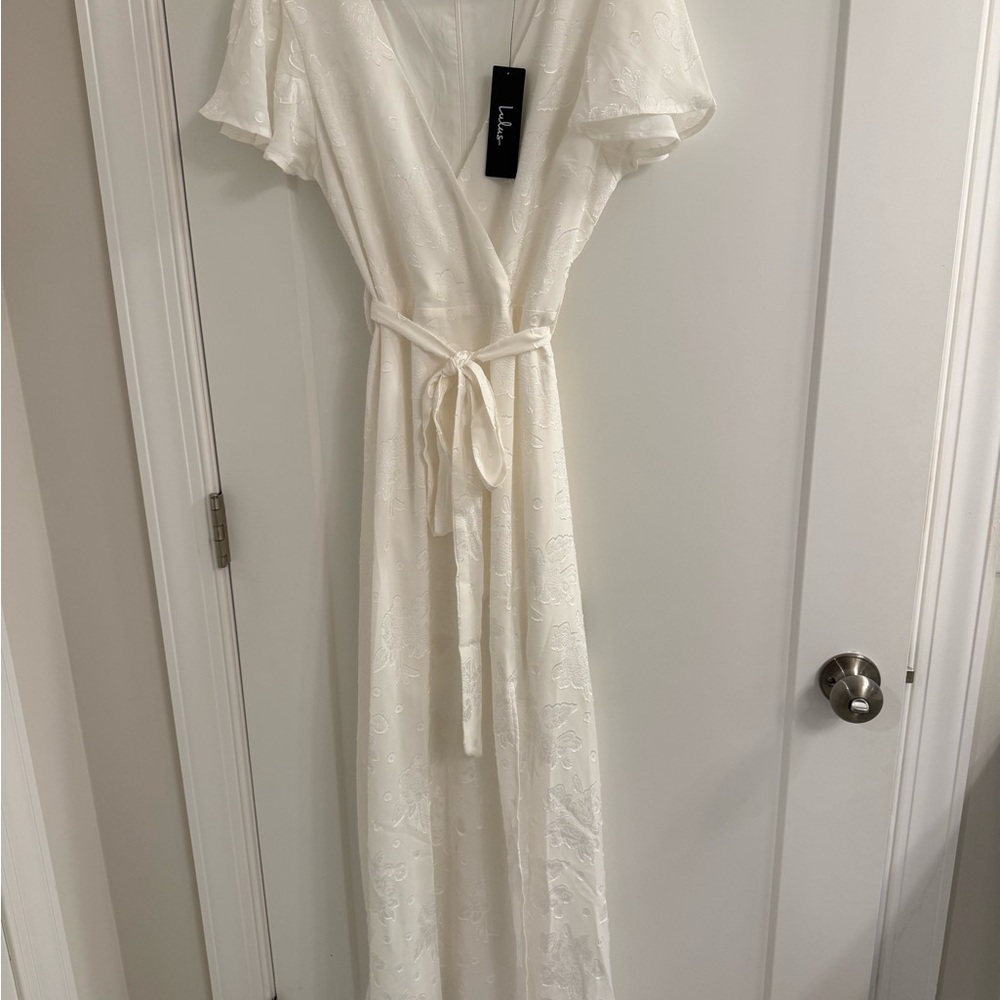 Lulu's Cream Embroidered Midi Dress with Tie Waist